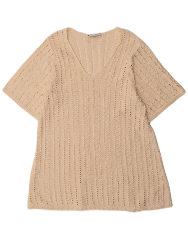 Zara Womens Short Sleeve Crochet Jumper Dress UK 14 Medium Off White