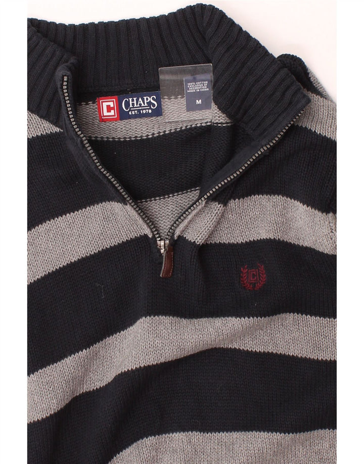 CHAPS Mens Zip Neck Jumper Sweater Medium Black Striped Cotton Vintage Chaps and Second-Hand Chaps from Messina Hembry 