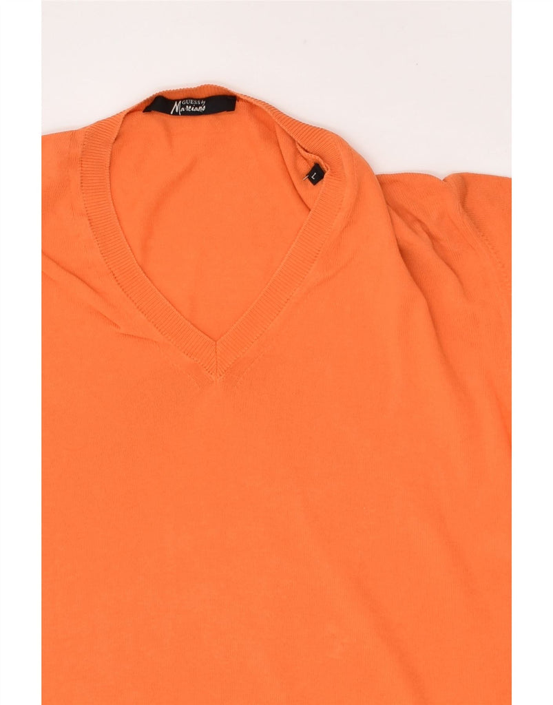 GUESS Mens V-Neck Jumper Sweater Large Orange Cotton | Vintage Guess | Thrift | Second-Hand Guess | Used Clothing | Messina Hembry 