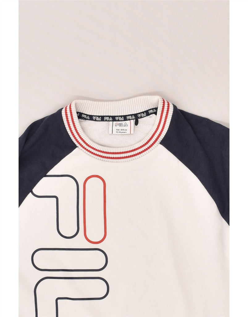 FILA Boys Graphic Sweatshirt Jumper 13-14 Years Off White Colourblock | Vintage Fila | Thrift | Second-Hand Fila | Used Clothing | Messina Hembry 