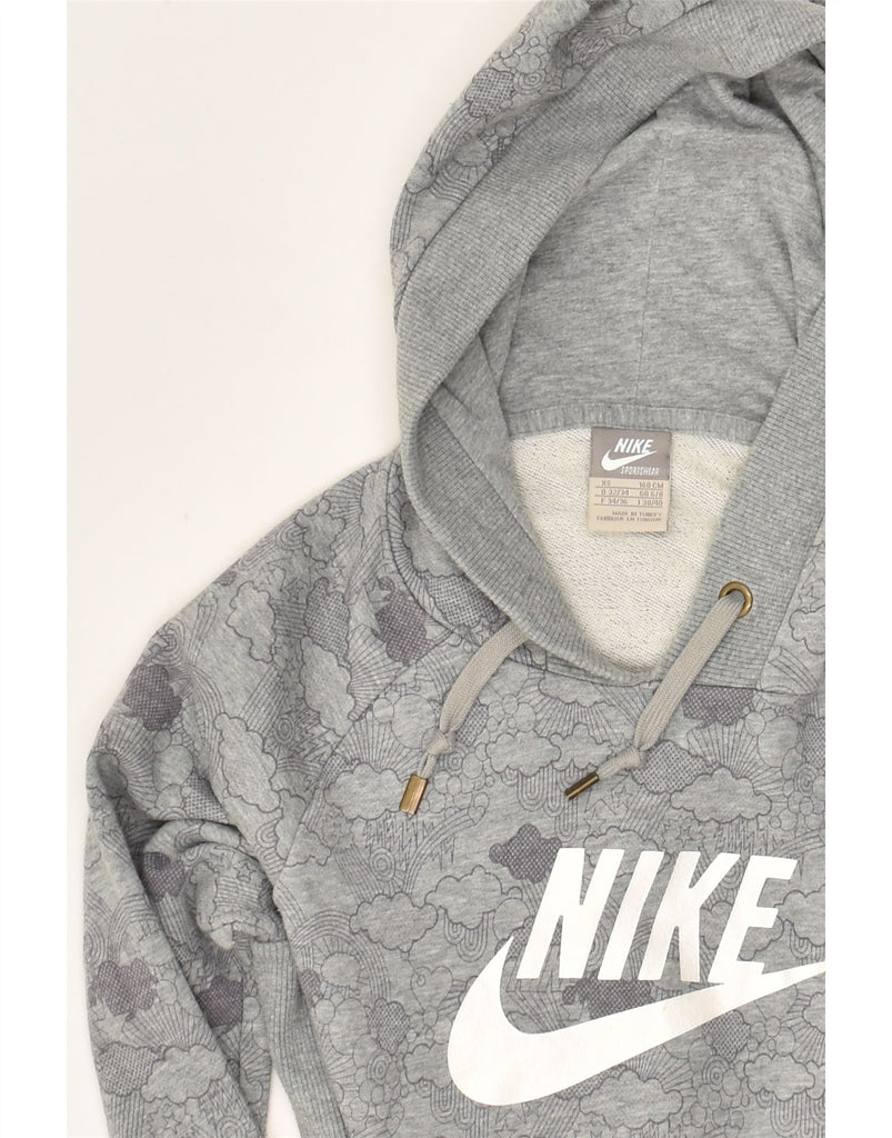 NIKE Womens Graphic Hoodie Jumper UK 6/8 Small Grey | Vintage Nike | Thrift | Second-Hand Nike | Used Clothing | Messina Hembry 