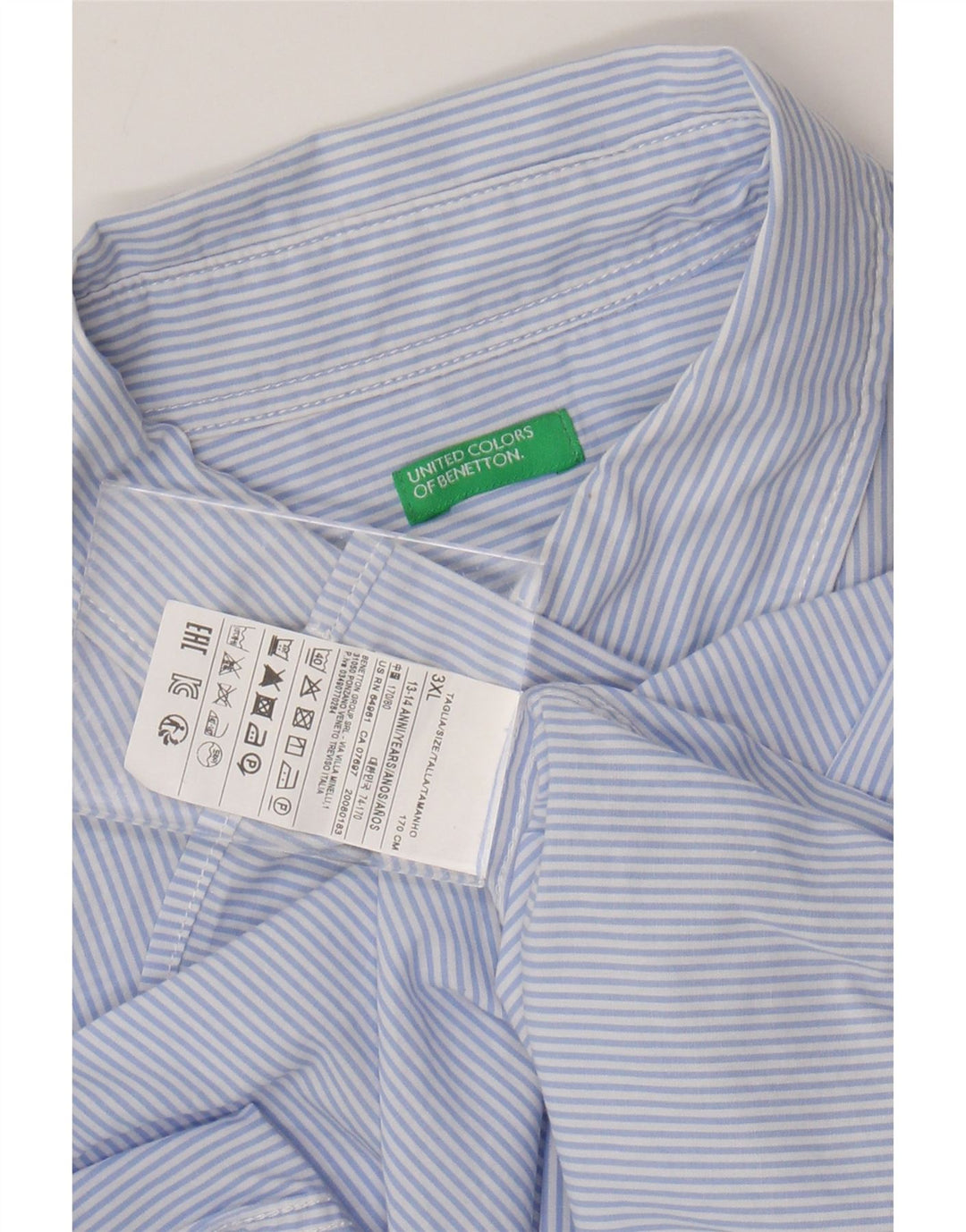 BENETTON Boys Shirt 13-14 Years 3XL Blue Pinstripe Cotton