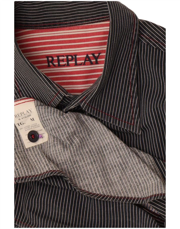 Replay Mens Graphic Short Sleeve Shirt Medium Black Striped Cotton