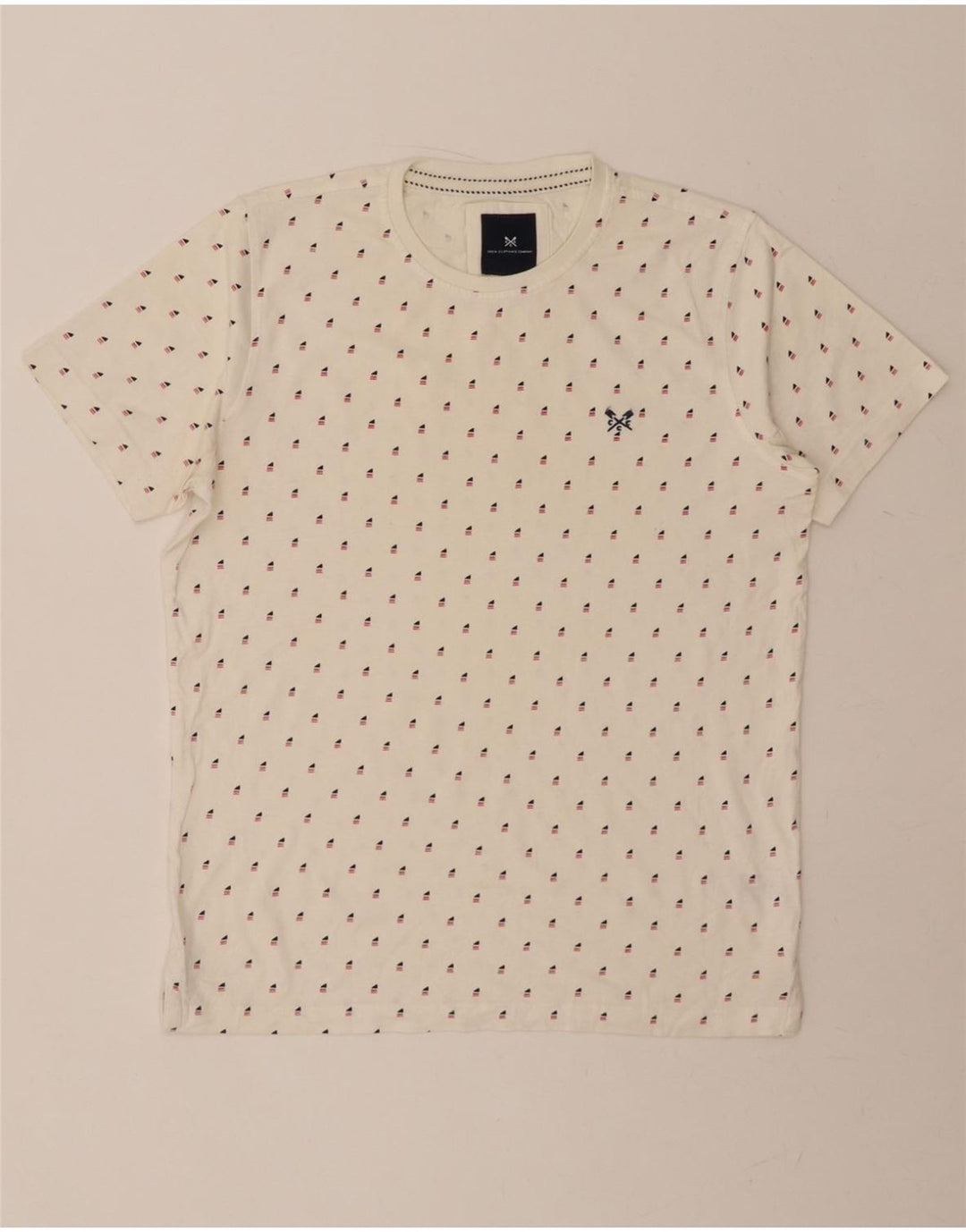 CREW CLOTHING Mens Abstract Pattern T-Shirt Top Medium White Cotton Vintage Crew Clothing and Second-Hand Crew Clothing from Messina Hembry 