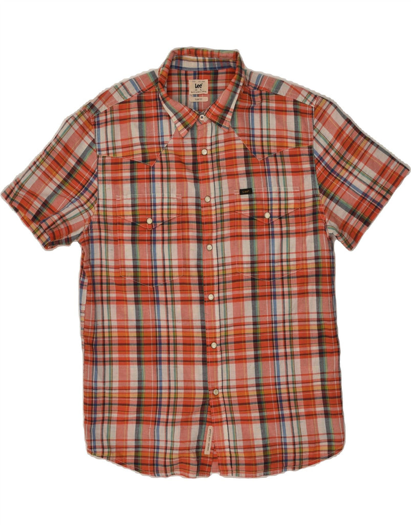 LEE Mens Slim Short Sleeve Shirt Large Orange Check Cotton | Vintage Lee | Thrift | Second-Hand Lee | Used Clothing | Messina Hembry 