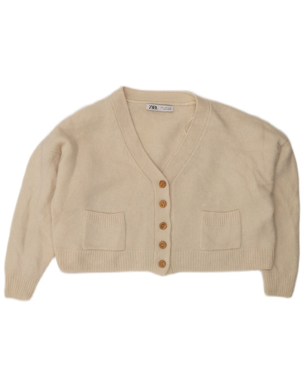 Zara Womens Crop Oversized Cardigan Sweater UK 10 Small Beige Wool