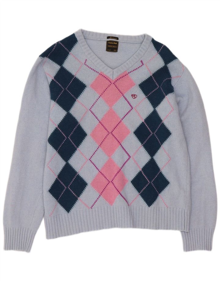 Meltin' Pot Womens V-Neck Jumper Sweater Large Blue Argyle/Diamond Wool