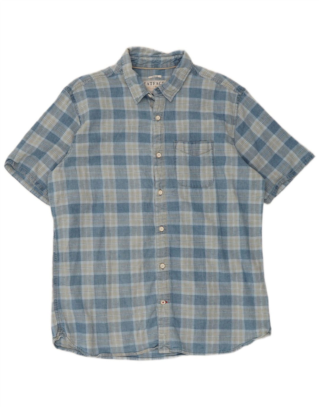 Fat Face Mens Short Sleeve Shirt Large Blue Check Linen