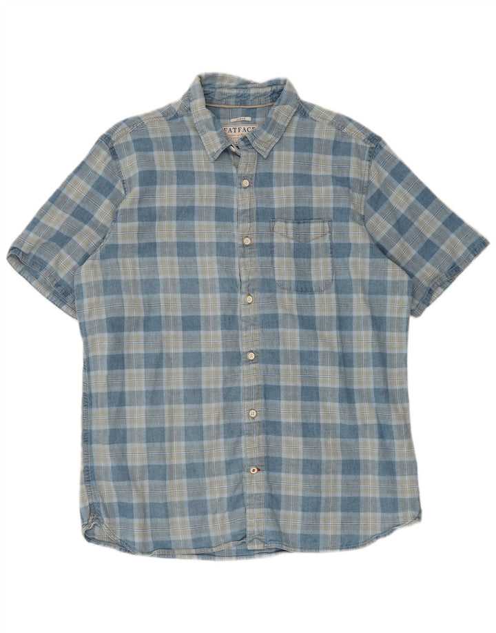 Fat Face Mens Short Sleeve Shirt Large Blue Check Linen