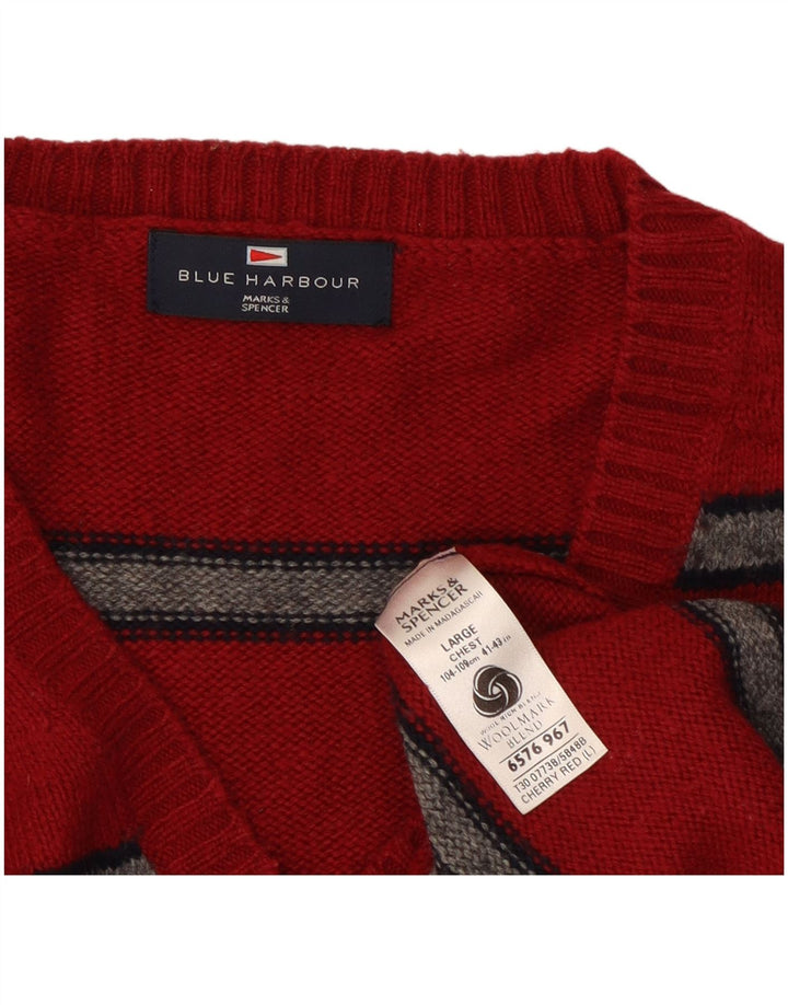 Marks & Spencer Mens Blue Harbour V-Neck Jumper Sweater Large Red Striped