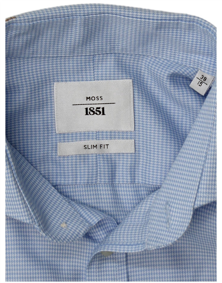 Moss 1851 Mens Slim Fit Formal Shirt Size 38 15 Medium Blue Houndstooth