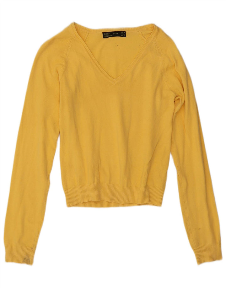 Zara Womens V-Neck Jumper Sweater UK 12 Medium Yellow Cotton