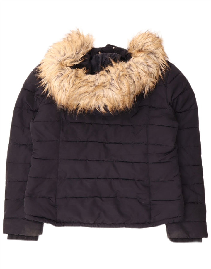 Topshop Womens Hooded Crop Padded Jacket UK 14 Medium Navy Blue Polyester