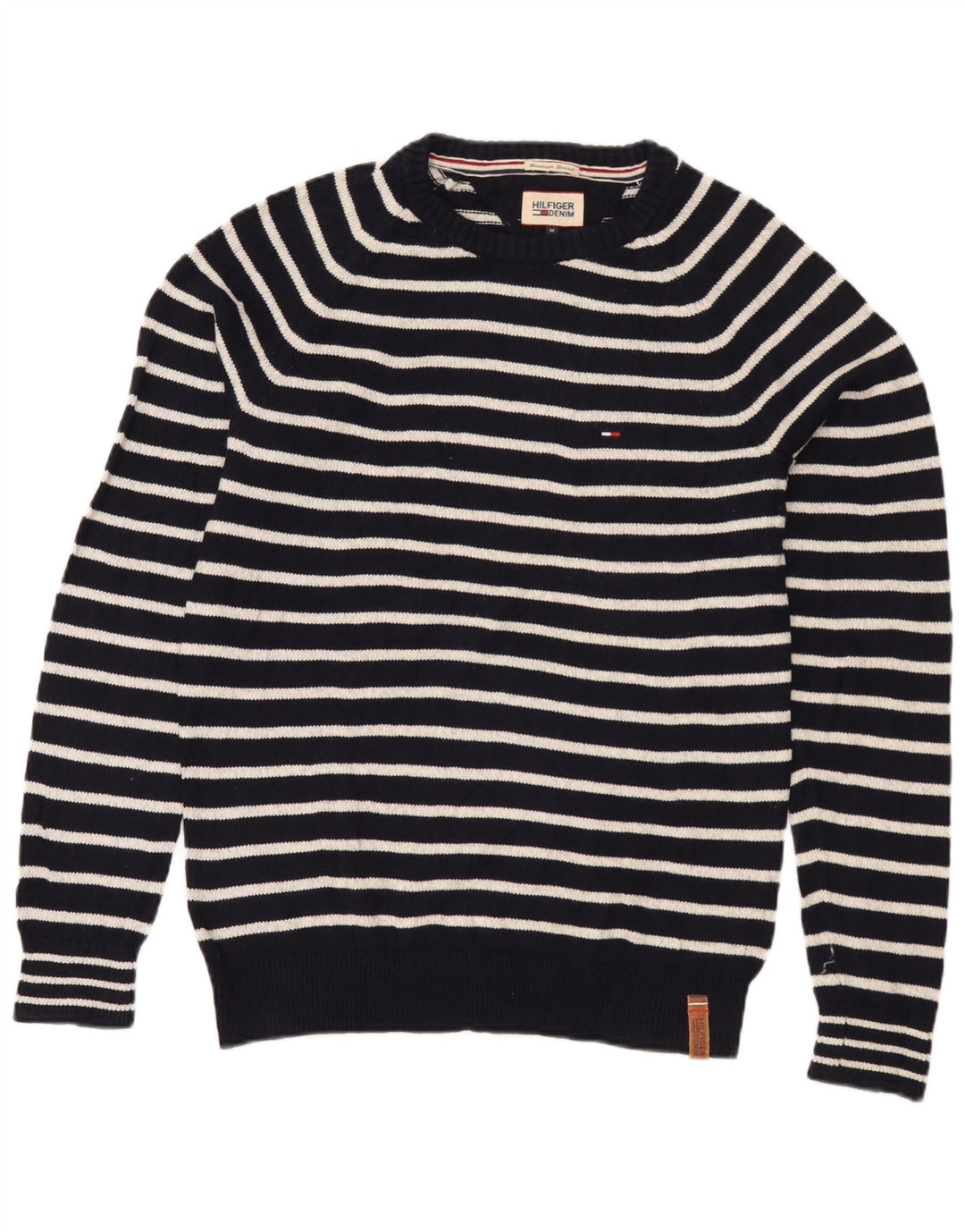 Tommy Hilfiger Mens Crew Neck Jumper Sweater Medium Navy Blue Striped