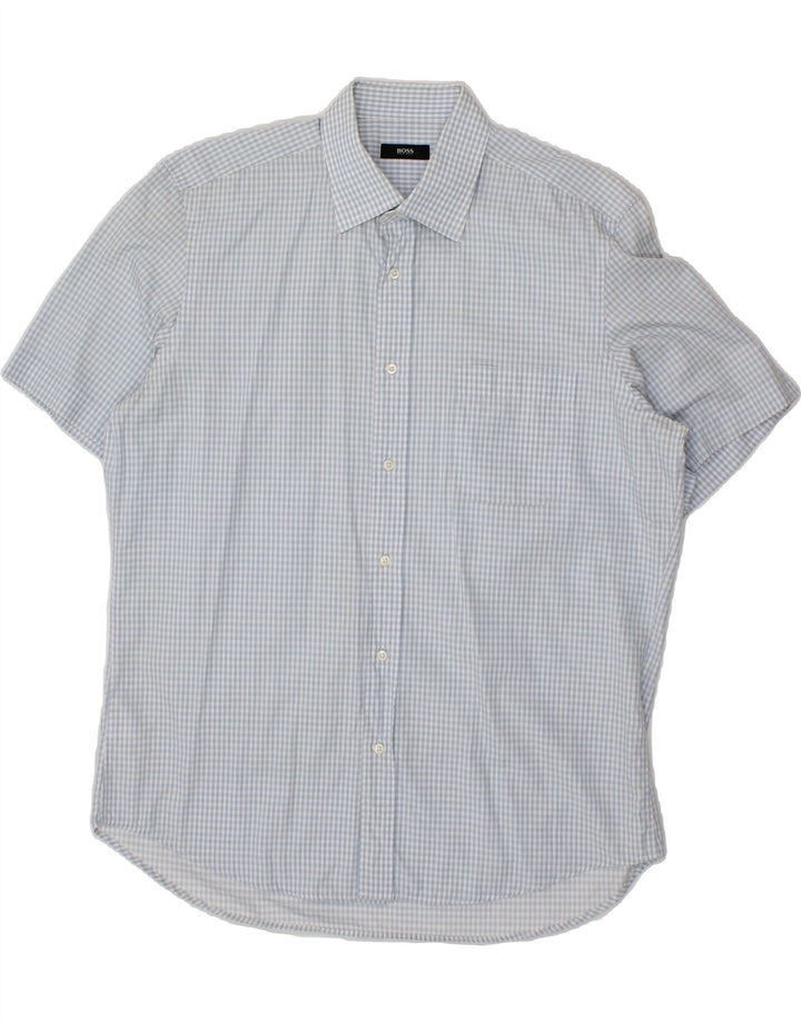 HUGO BOSS Mens Short Sleeve Shirt Size 41 16 Large Blue Gingham Cotton Vintage Hugo Boss and Second-Hand Hugo Boss from Messina Hembry 