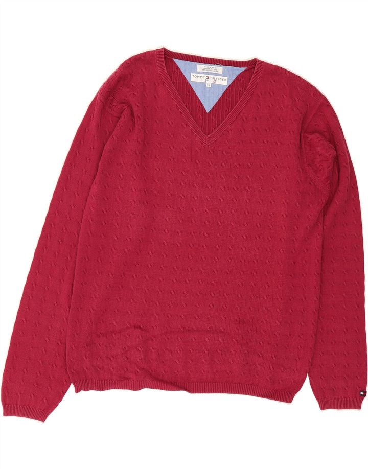 TOMMY HILFIGER Mens V-Neck Jumper Sweater Large Red Cotton Vintage Tommy Hilfiger and Second-Hand Tommy Hilfiger from Messina Hembry 