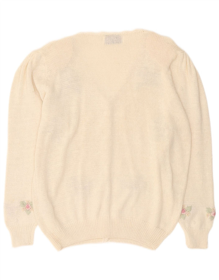 Vintage Womens Cardigan Sweater UK 14 Medium Off White Floral