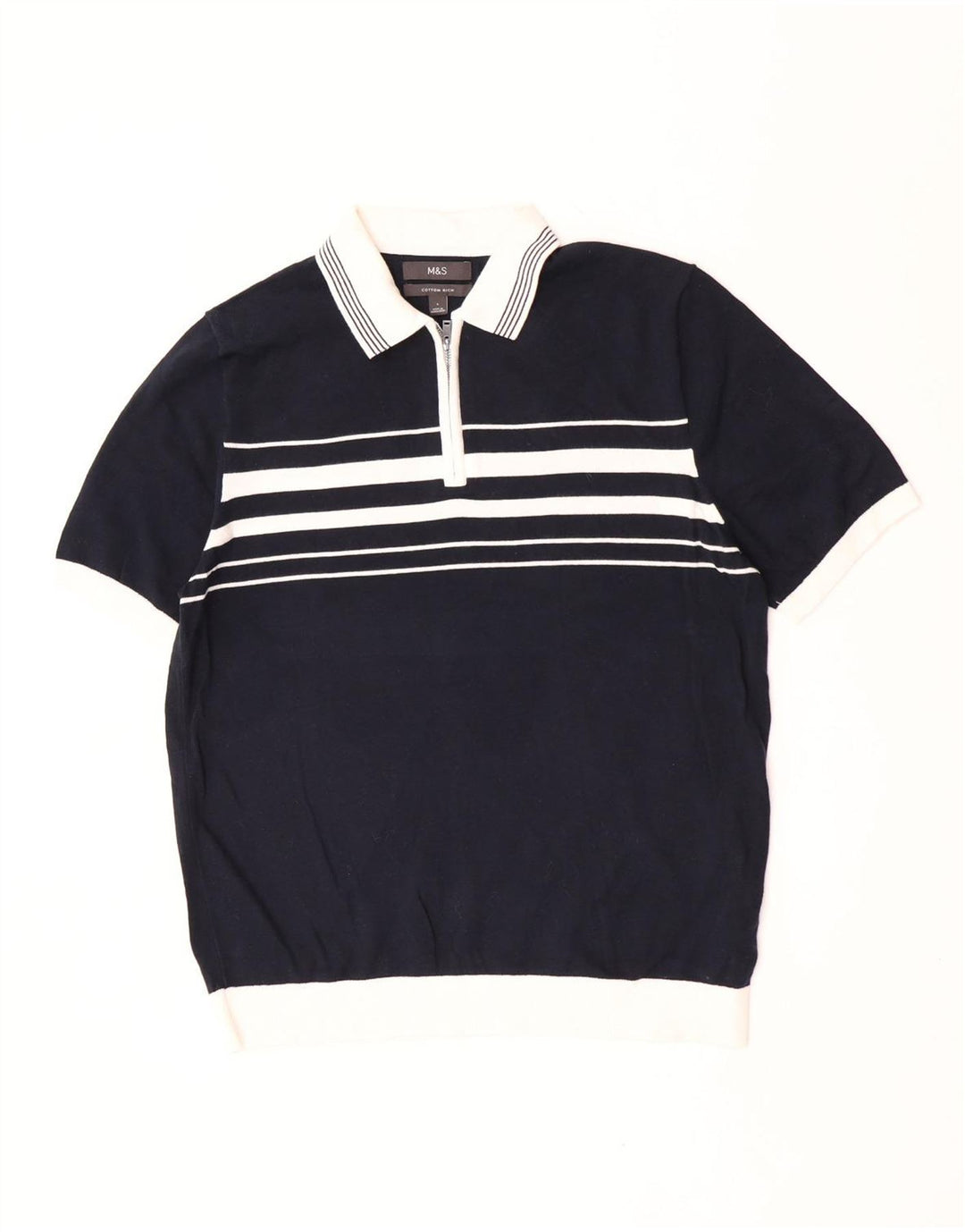Marks & Spencer Mens Polo Shirt Large Navy Blue Striped Cotton