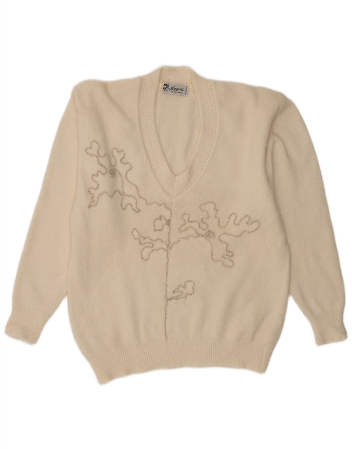 Vintage Womens Abstract Pattern V-Neck Jumper Sweater UK 16 Large White