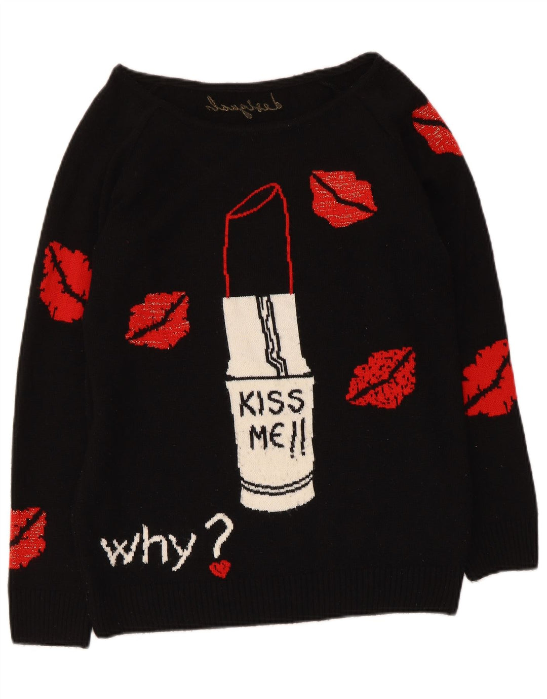 Desigual Womens Graphic Boat Neck Jumper Sweater UK 12 Medium Black
