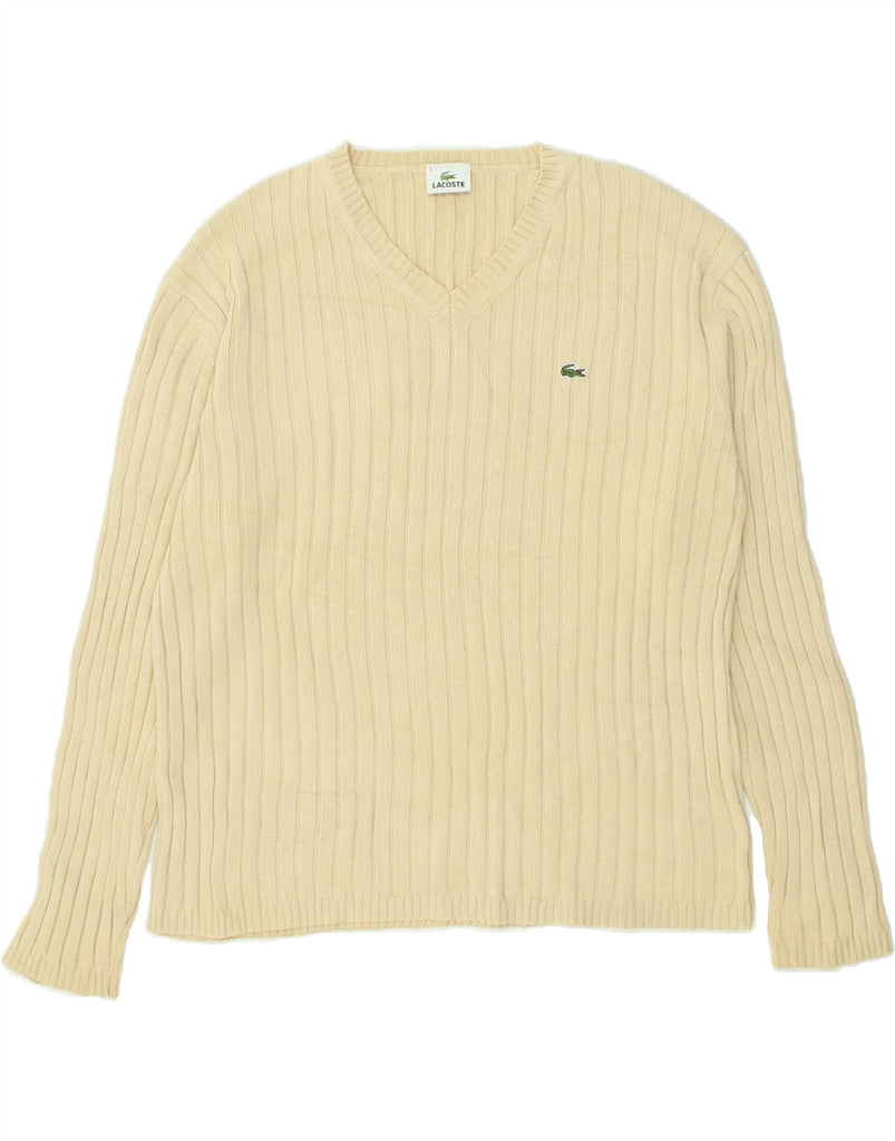 LACOSTE Mens V-Neck Jumper Sweater Size 5 Large Beige Cotton | Vintage Lacoste | Thrift | Second-Hand Lacoste | Used Clothing | Messina Hembry 