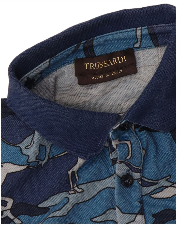 TRUSSARDI Mens Polo Shirt Medium Blue Animal Print