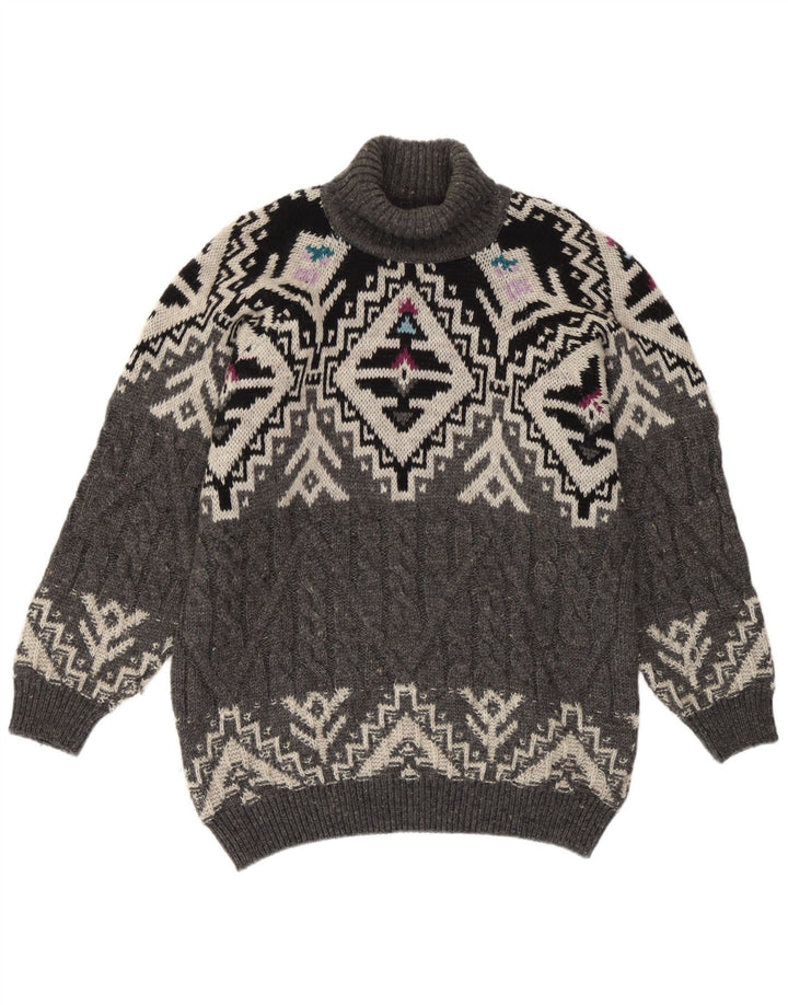 Vintage Womens Roll Neck Jumper Sweater UK 14 Medium Grey Fair Isle Wool