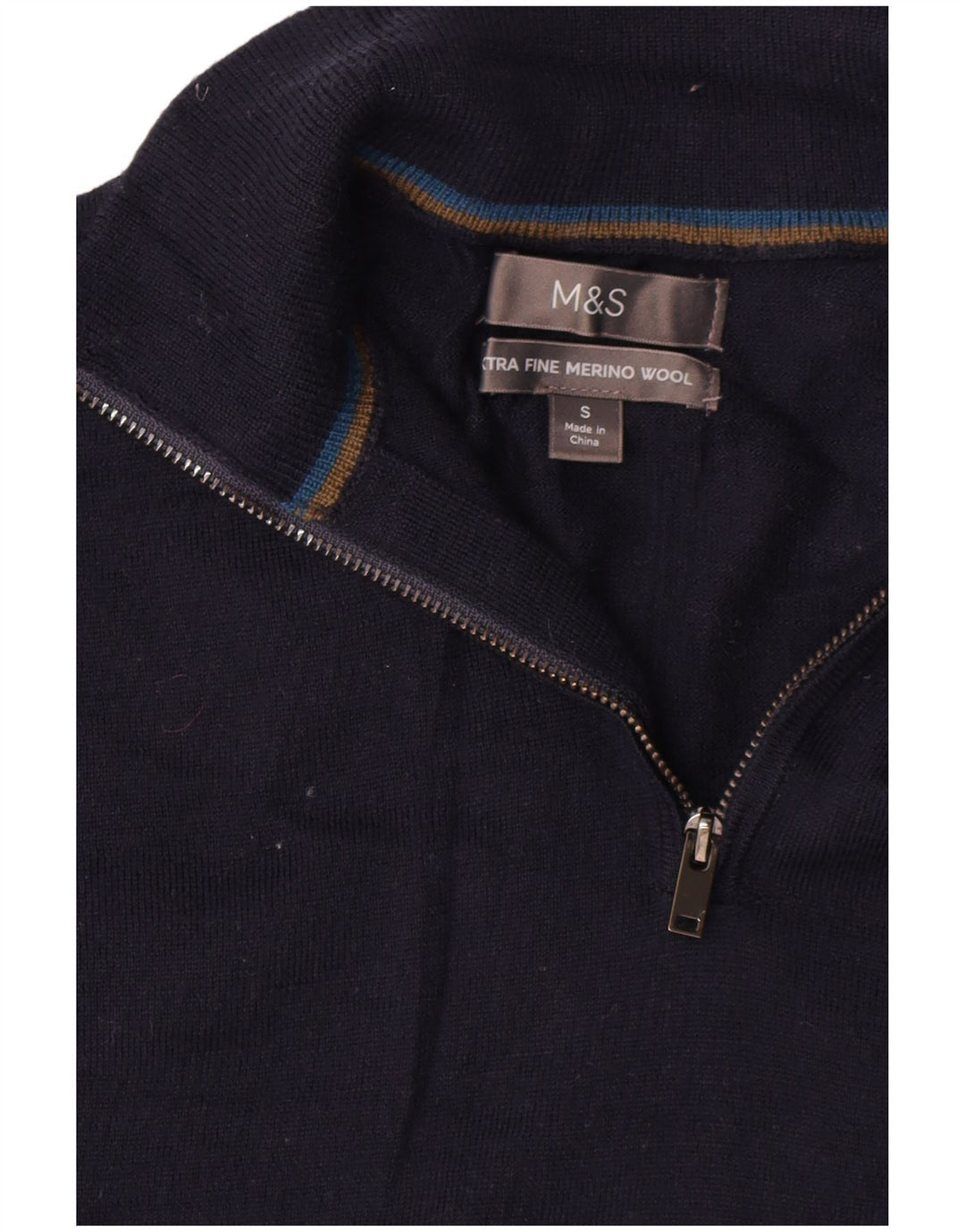 Marks & Spencer Mens Zip Neck Jumper Sweater Small Navy Blue Merino Wool