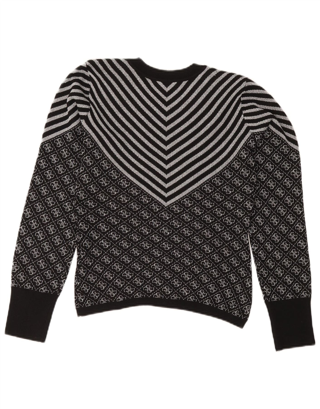GUESS Womens Crew Neck Jumper Sweater UK 6 XS Black Chevron Polyester
