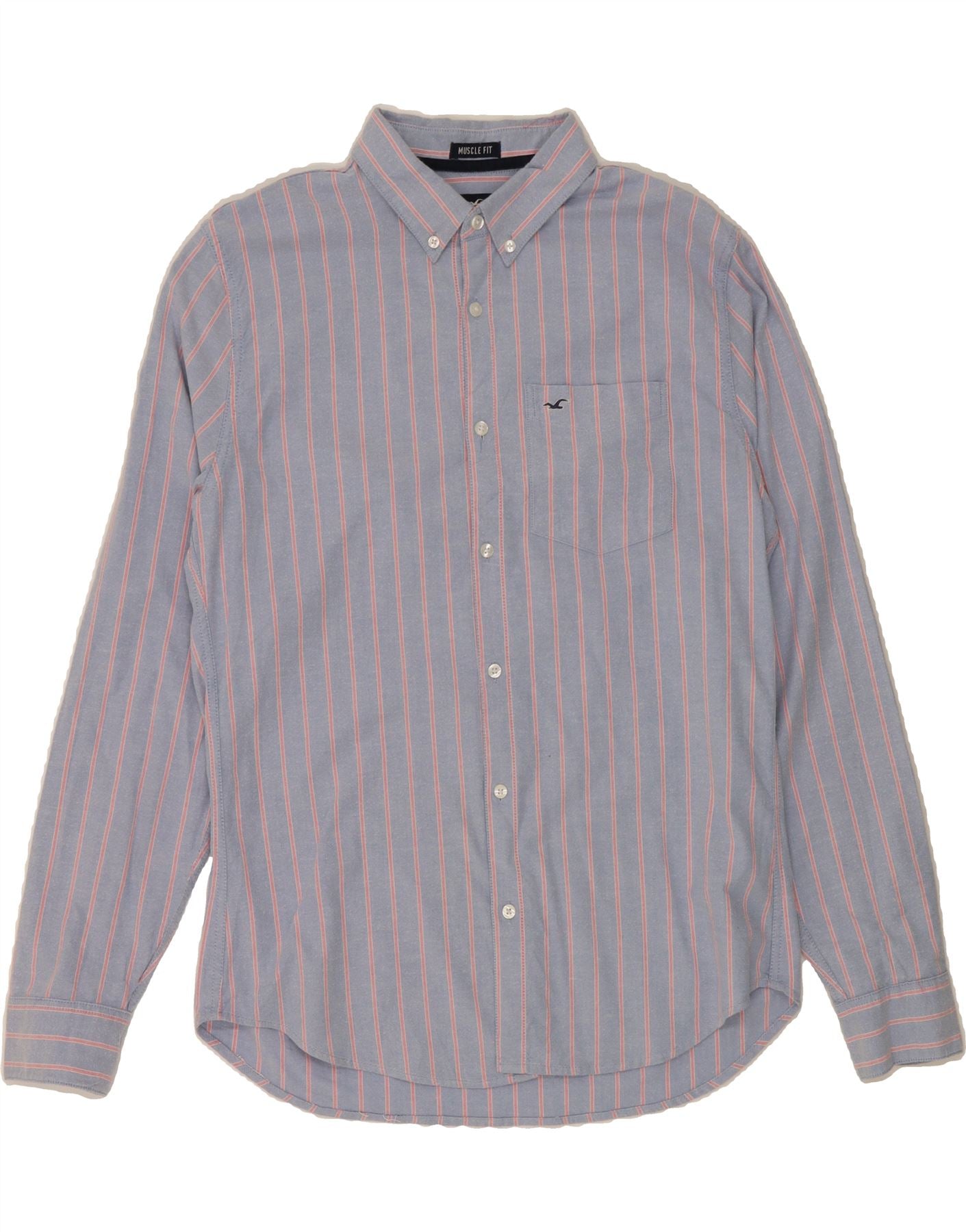 HOLLISTER Mens Stretch Muscle Fit Shirt Large Blue Striped Cotton