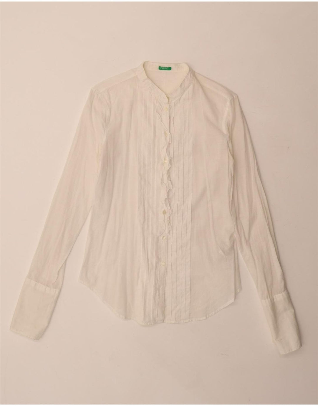 Benetton Womens Ruffle Front Formal Shirt UK 10 Small White Cotton