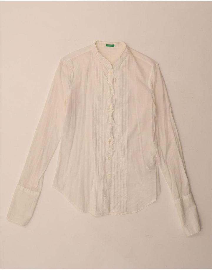 Benetton Womens Ruffle Front Formal Shirt UK 10 Small White Cotton