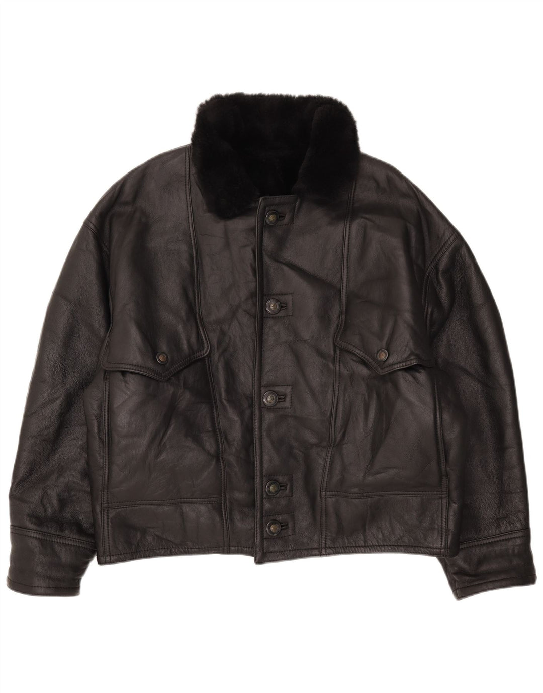Vintage Mens Shearling Jacket IT 52 XL Black Leather