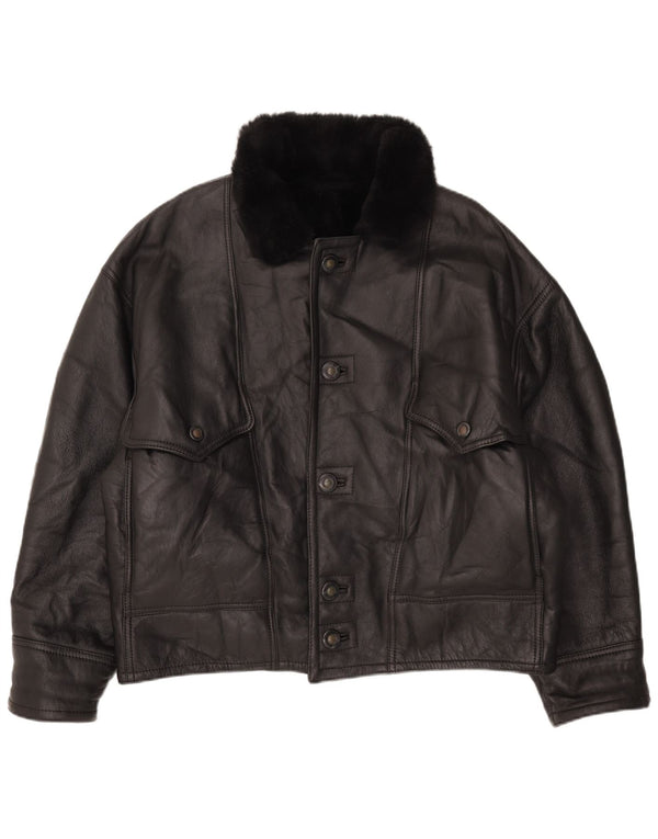 Vintage Mens Shearling Jacket IT 52 XL Black Leather