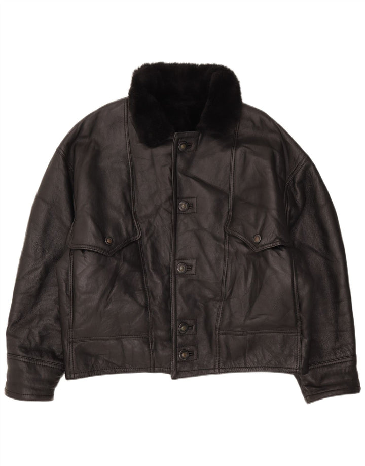 Vintage Mens Shearling Jacket IT 52 XL Black Leather