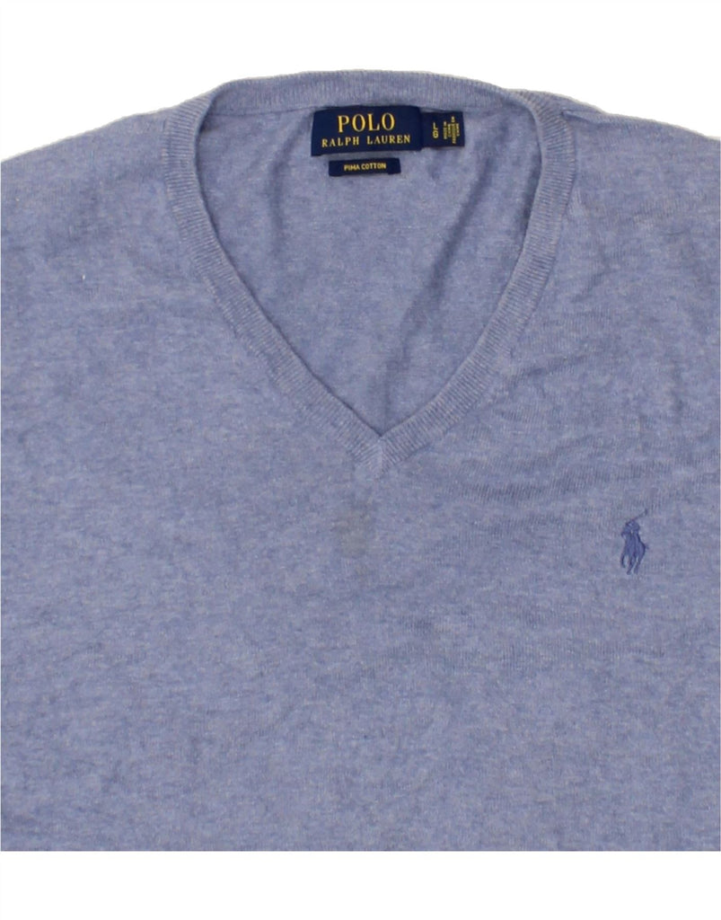 POLO RALPH LAUREN Mens V-Neck Jumper Sweater Large Blue Cotton | Vintage Polo Ralph Lauren | Thrift | Second-Hand Polo Ralph Lauren | Used Clothing | Messina Hembry 