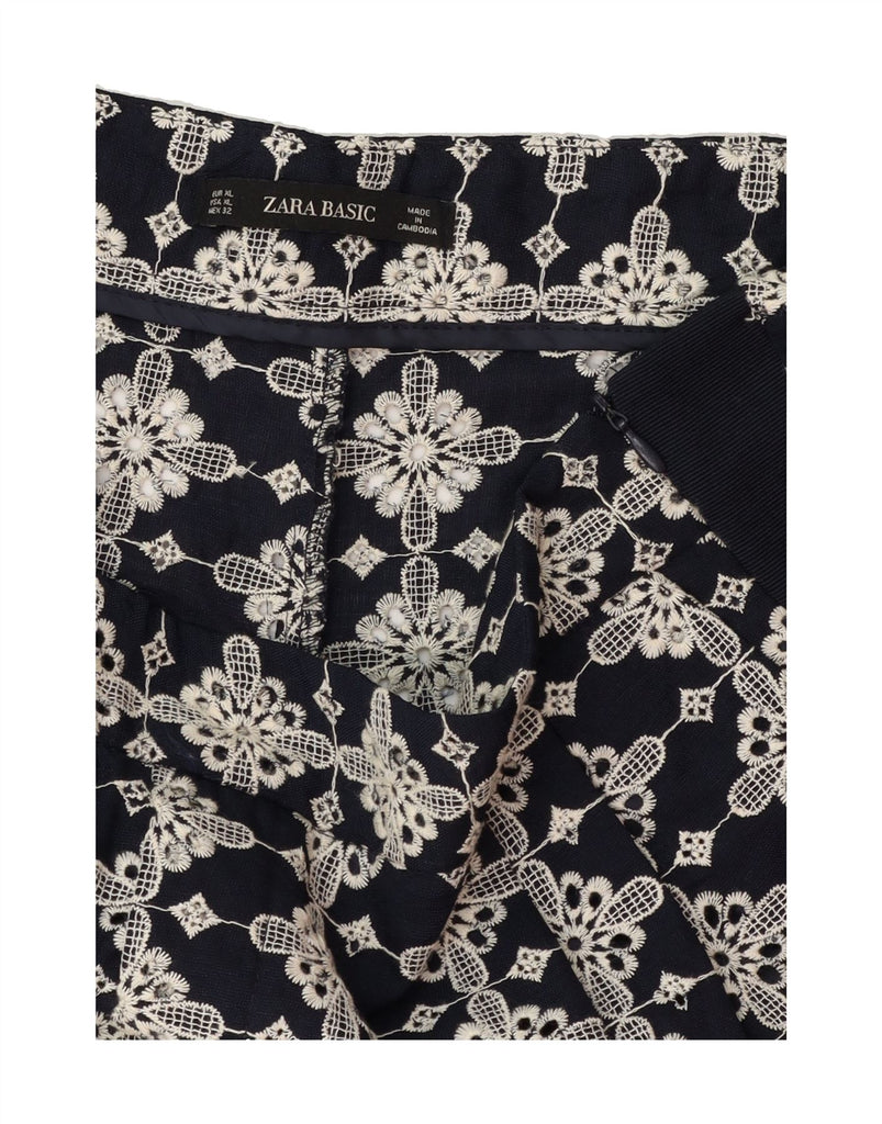 ZARA Womens Capri Trousers UK 18 XL W38 L24 Navy Blue Floral Polyester Vintage Zara and Second-Hand Zara from Messina Hembry 