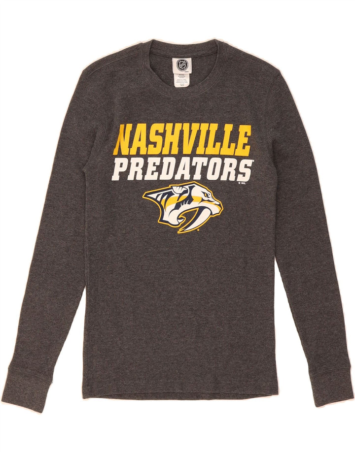 NHL Womens Graphic Top Long Sleeve UK 10 Small Grey Cotton Vintage NHL and Second-Hand NHL from Messina Hembry 