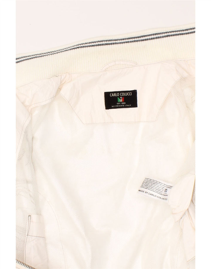 CARLO COLUCCI Mens Graphic Bomber Jacket IT 50 Large White Polyurethane Vintage Carlo Colucci and Second-Hand Carlo Colucci from Messina Hembry 