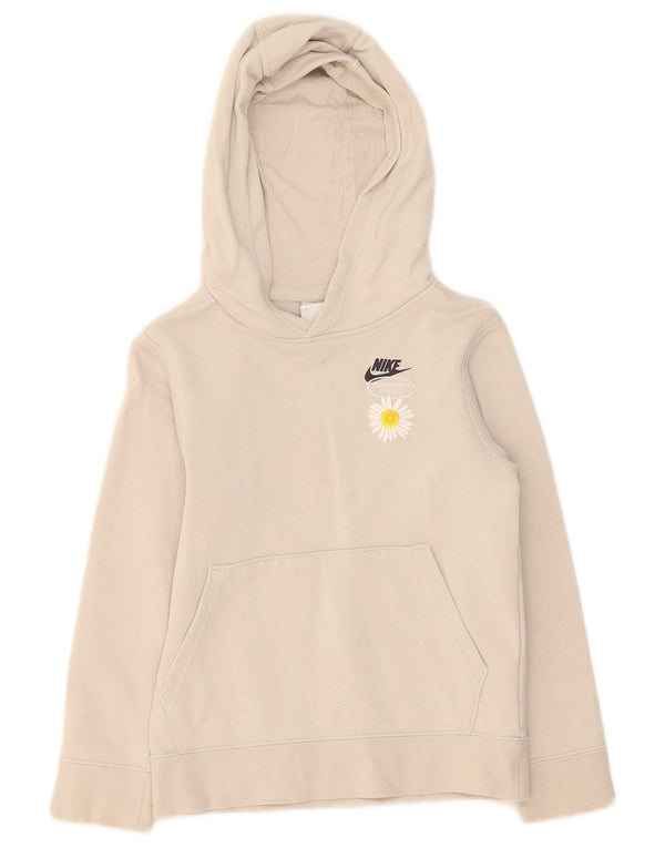 Nike Girls Graphic Hoodie Jumper 8-9 Years Small Beige Floral Cotton
