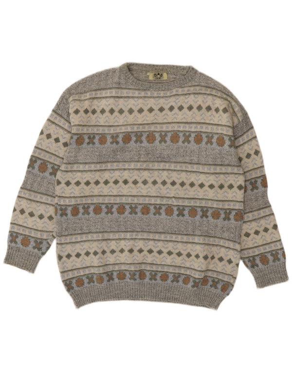 Vintage Mens Crew Neck Jumper Sweater Medium Grey Geometric