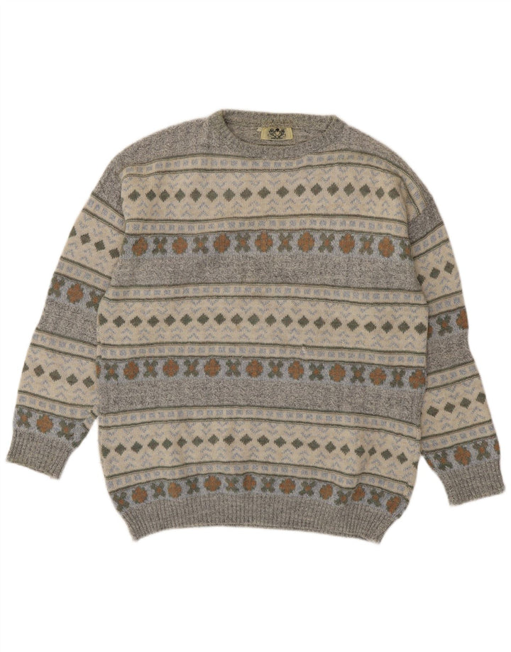 Vintage Mens Crew Neck Jumper Sweater Medium Grey Geometric