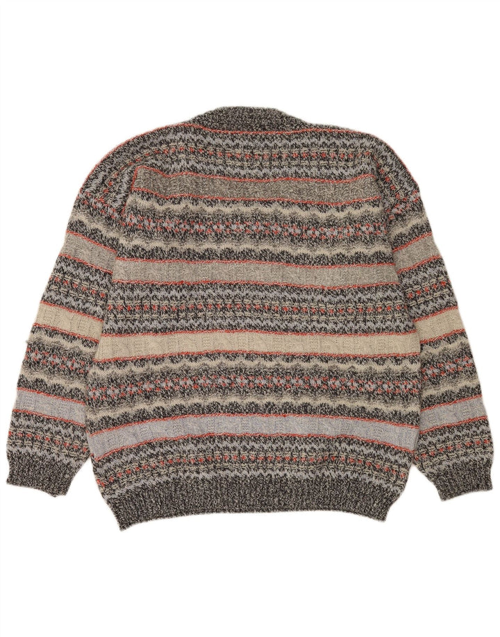 Vintage Mens V-Neck Jumper Sweater XL Grey Striped Wool