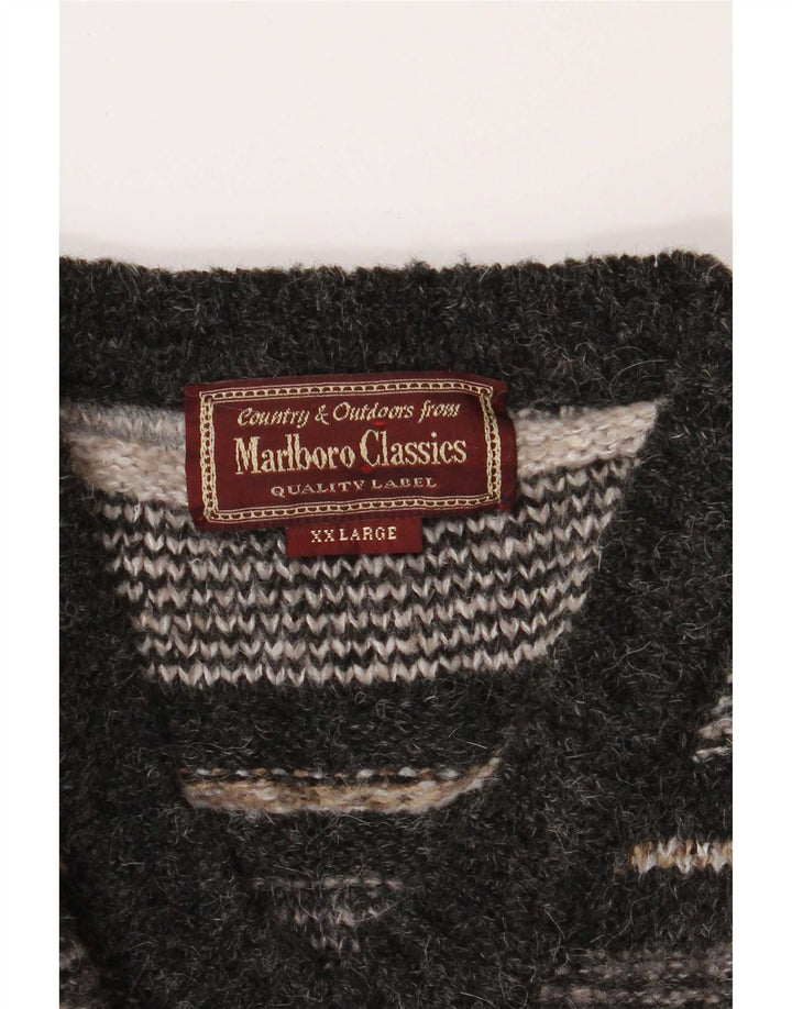 Marlboro Classics Mens V-Neck Jumper Sweater 2XL Grey Striped Wool
