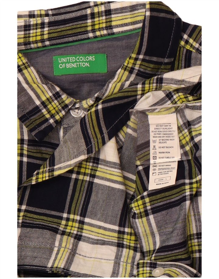 Benetton Mens Checked  Shirt Large Navy Blue Check Cotton