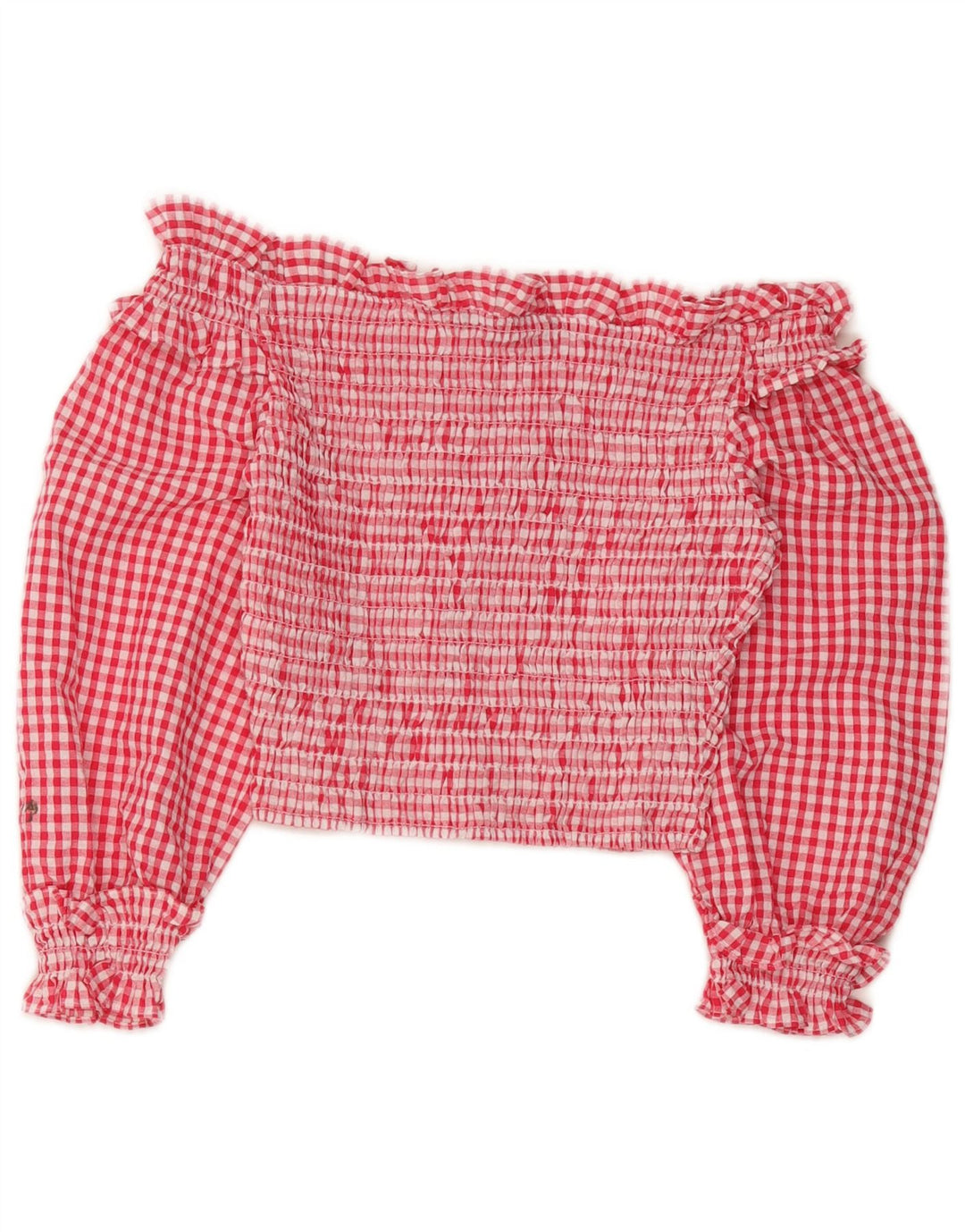 Zara Womens Crop 3/4 Sleeve Off Shoulder Top UK 4 XS Red Gingham Polyester