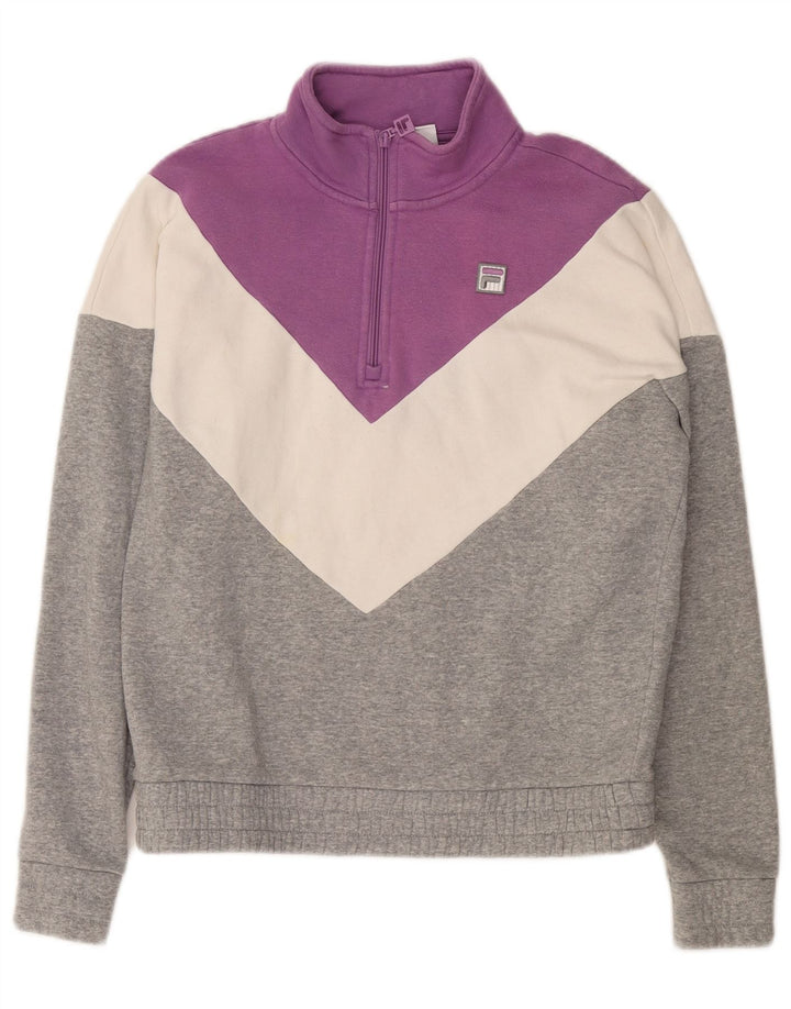FILA Womens 1/4 Zip Sweatshirt Jumper UK 14 Medium Grey Colourblock Cotton