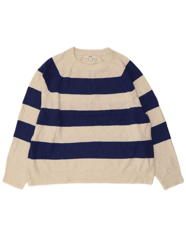 MARKS & SPENCER Womens Crew Neck Jumper Sweater UK 18 XL Navy Blue Striped