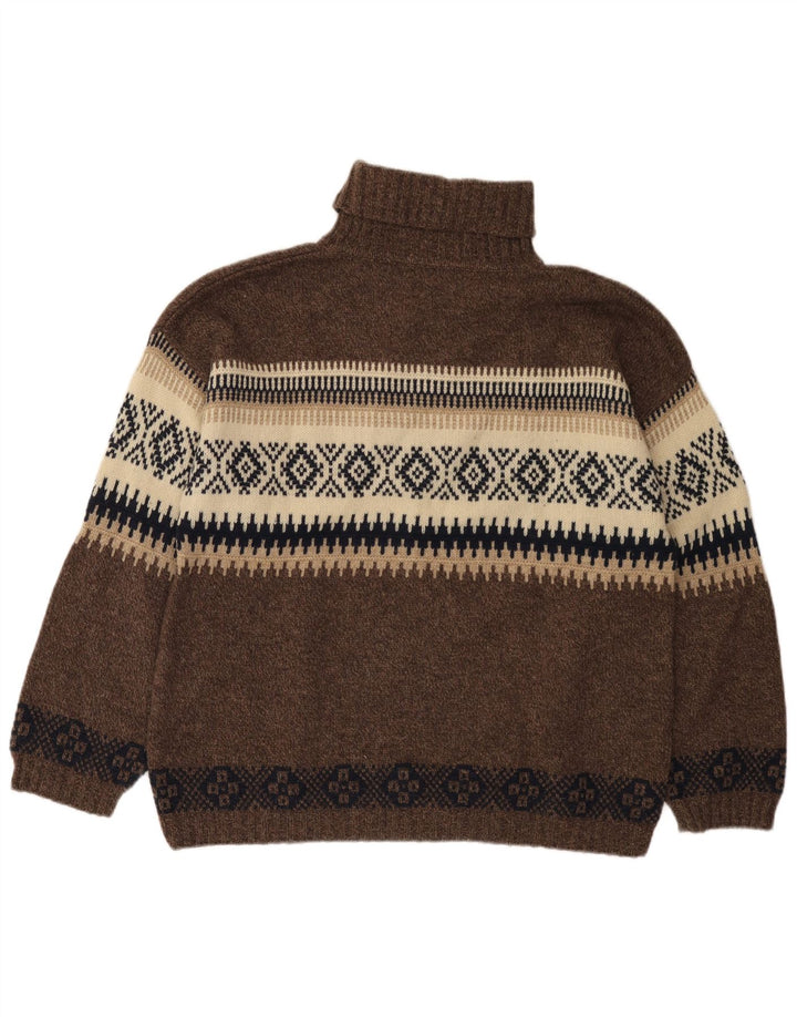 Lemon Mens Roll Neck Jumper Sweater Medium Brown Fair Isle Wool