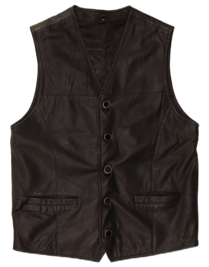 VINTAGE Mens Leather Waistcoat IT 50 Medium Black